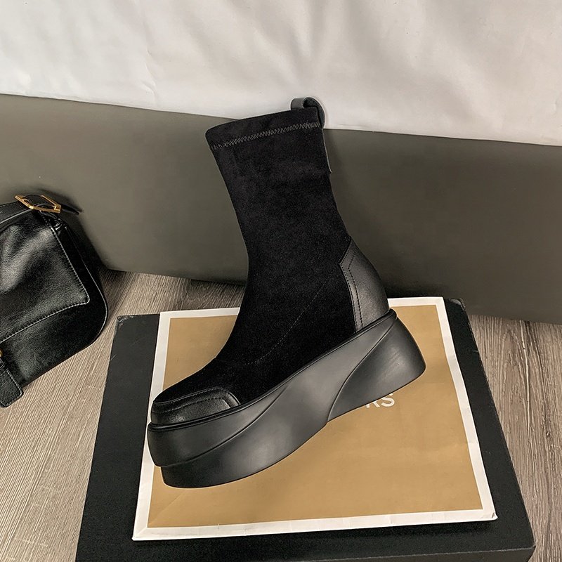 New Luxury Thick-soled Goat Suede Round Toe Casual Lady Boots Slip On Solid Black Mid Heel Women Ankle Boots