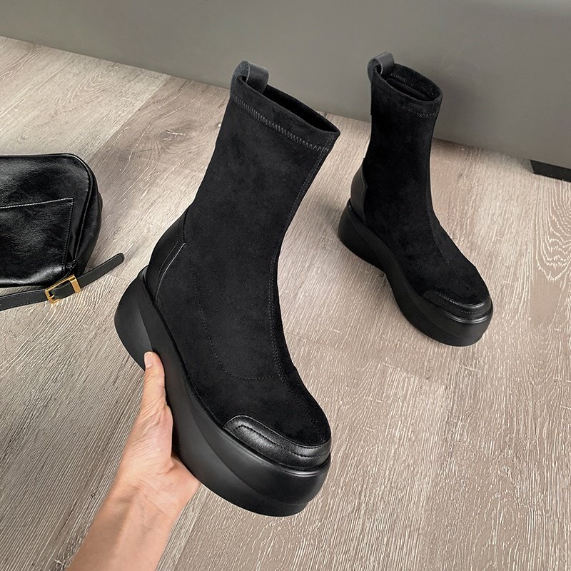 New Luxury Thick-soled Goat Suede Round Toe Casual Lady Boots Slip On Solid Black Mid Heel Women Ankle Boots