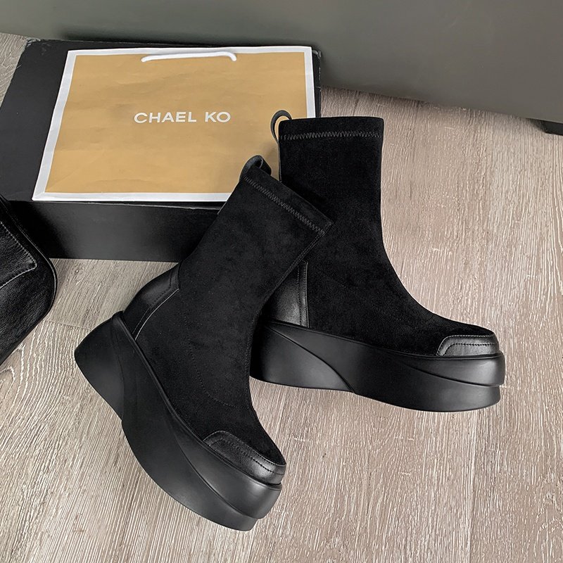 New Luxury Thick-soled Goat Suede Round Toe Casual Lady Boots Slip On Solid Black Mid Heel Women Ankle Boots
