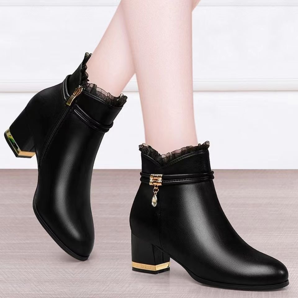 Xuanhui New british style round toe mid heeled platform block heel chunky black leather ankle boots
