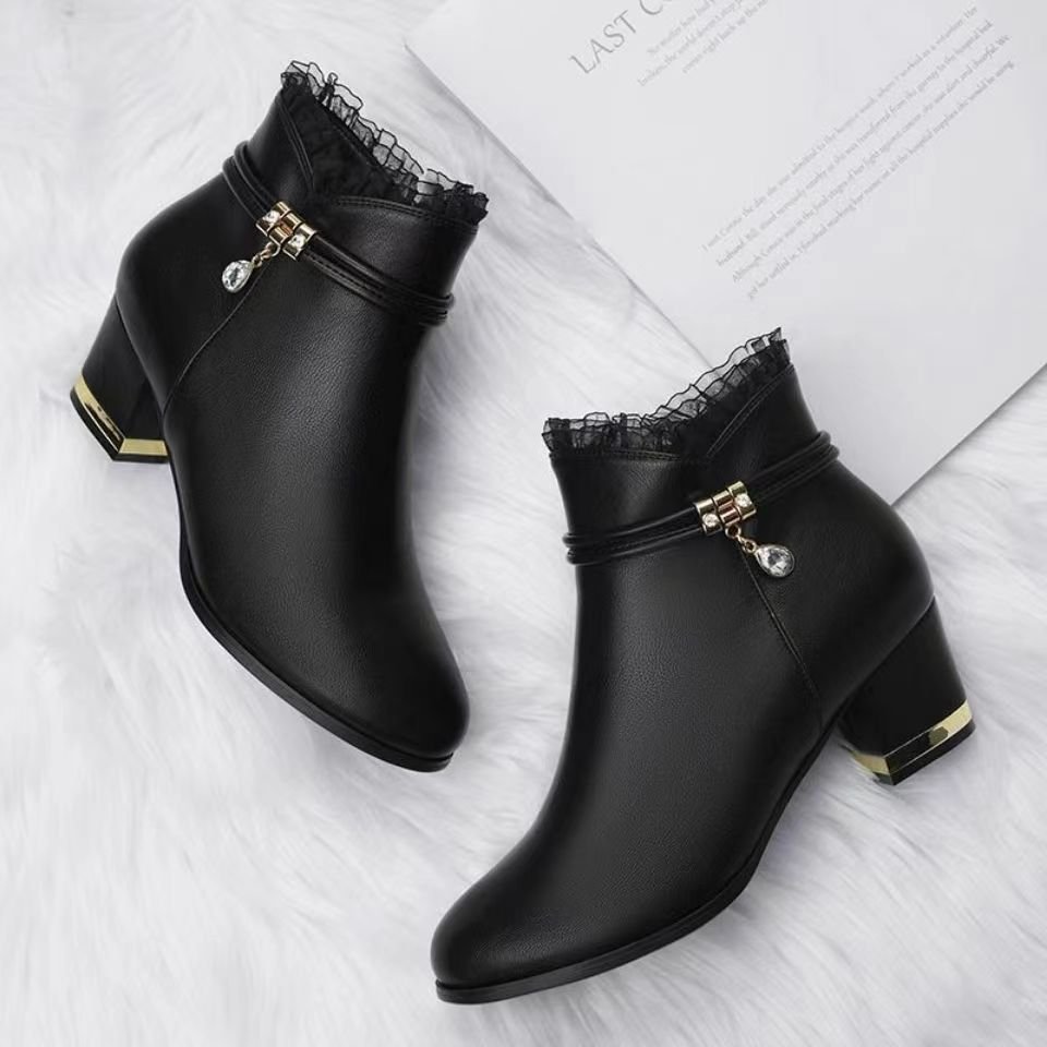 Xuanhui New british style round toe mid heeled platform block heel chunky black leather ankle boots