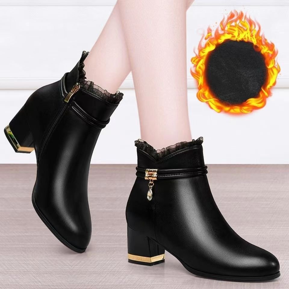 Xuanhui New british style round toe mid heeled platform block heel chunky black leather ankle boots