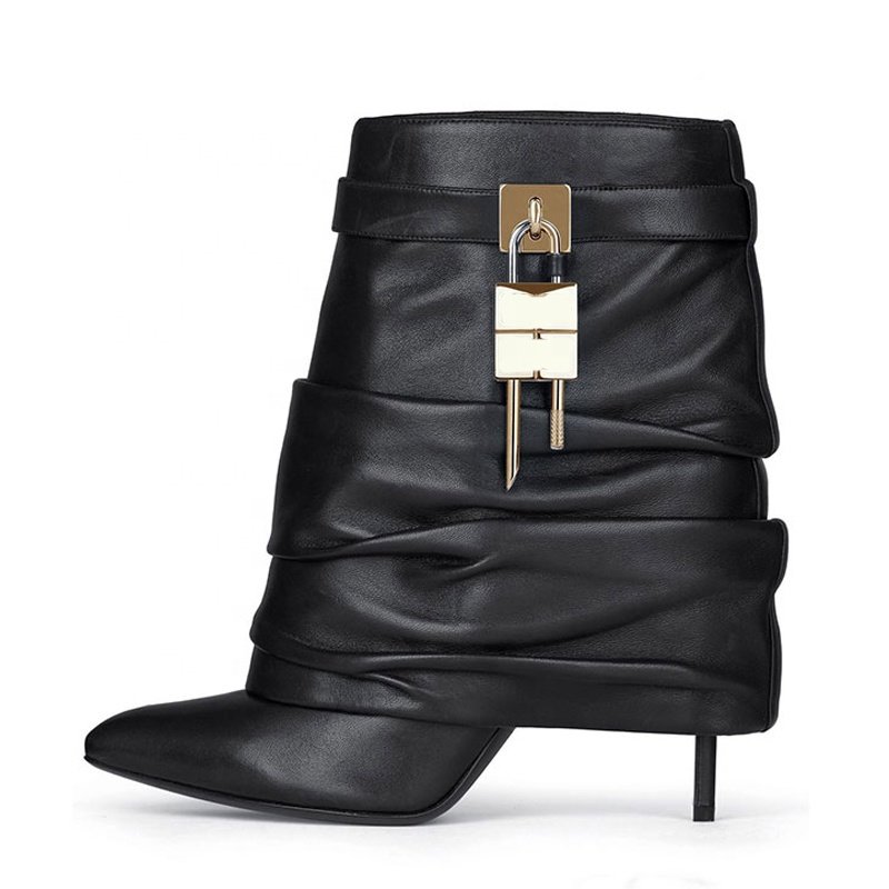 Patent Stiletto Women High Thin Heels Fold Over Short Booties Girl's Shark Lock Ankle Boots Overlay Padlock Pleated Upper Shoes