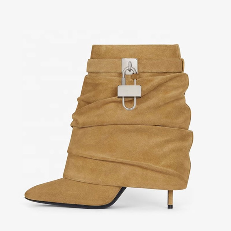 Patent Stiletto Women High Thin Heels Fold Over Short Booties Girl's Shark Lock Ankle Boots Overlay Padlock Pleated Upper Shoes