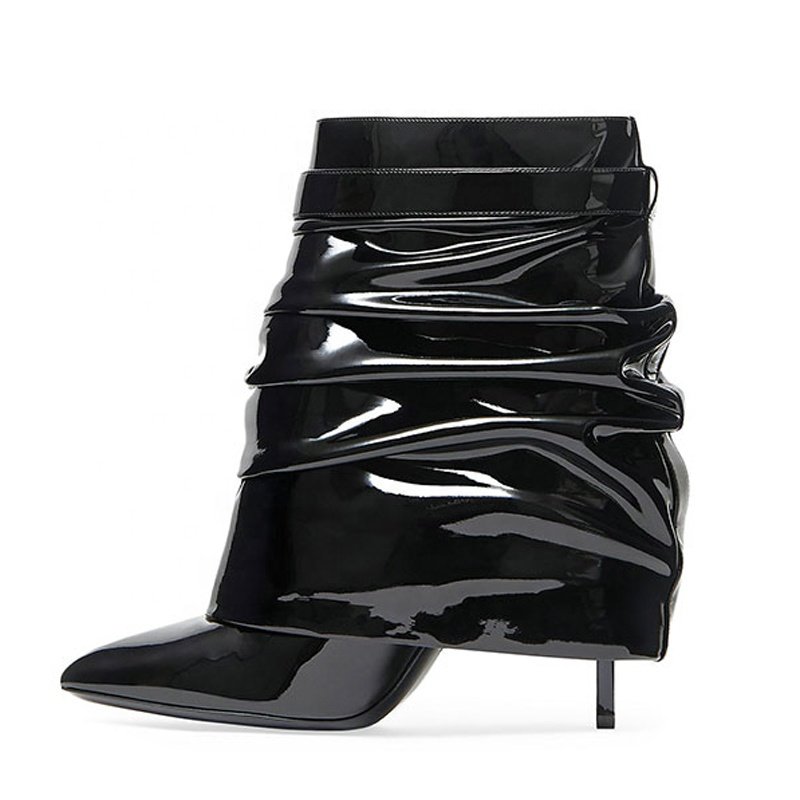 Patent Stiletto Women High Thin Heels Fold Over Short Booties Girl's Shark Lock Ankle Boots Overlay Padlock Pleated Upper Shoes