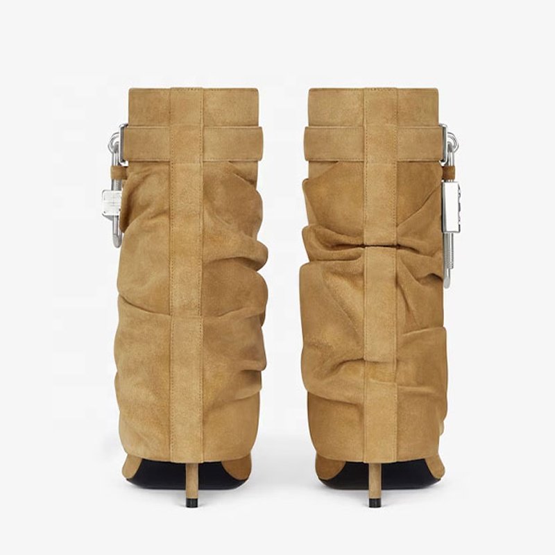 Patent Stiletto Women High Thin Heels Fold Over Short Booties Girl's Shark Lock Ankle Boots Overlay Padlock Pleated Upper Shoes