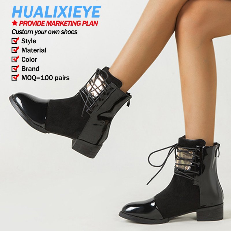 Winter New Customized Red Fashion Splicing Short Boots classy leather boots lace-up square heel punk shoes ankle boot