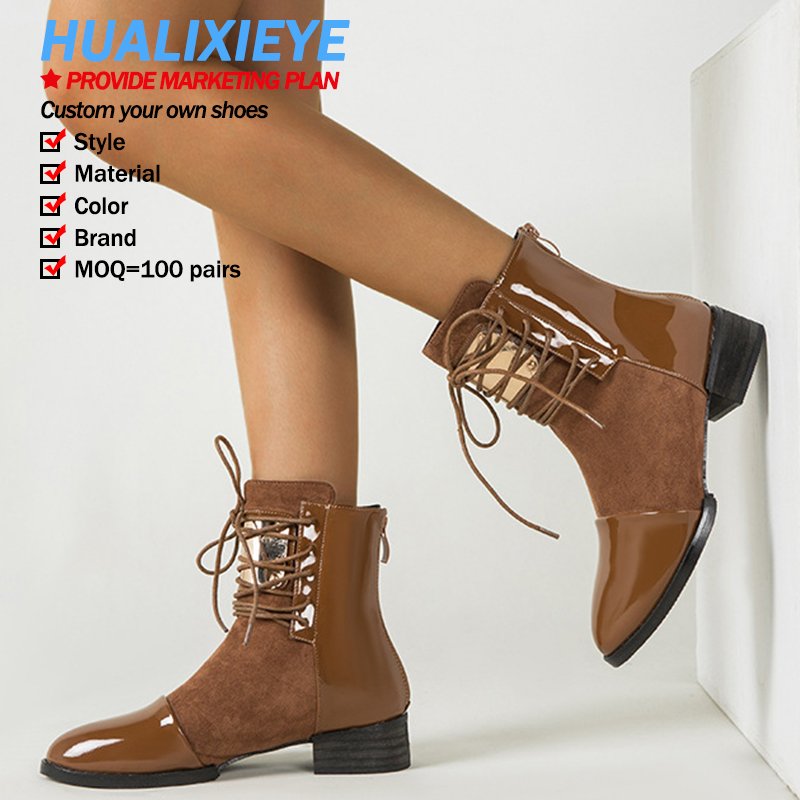Winter New Customized Red Fashion Splicing Short Boots classy leather boots lace-up square heel punk shoes ankle boot