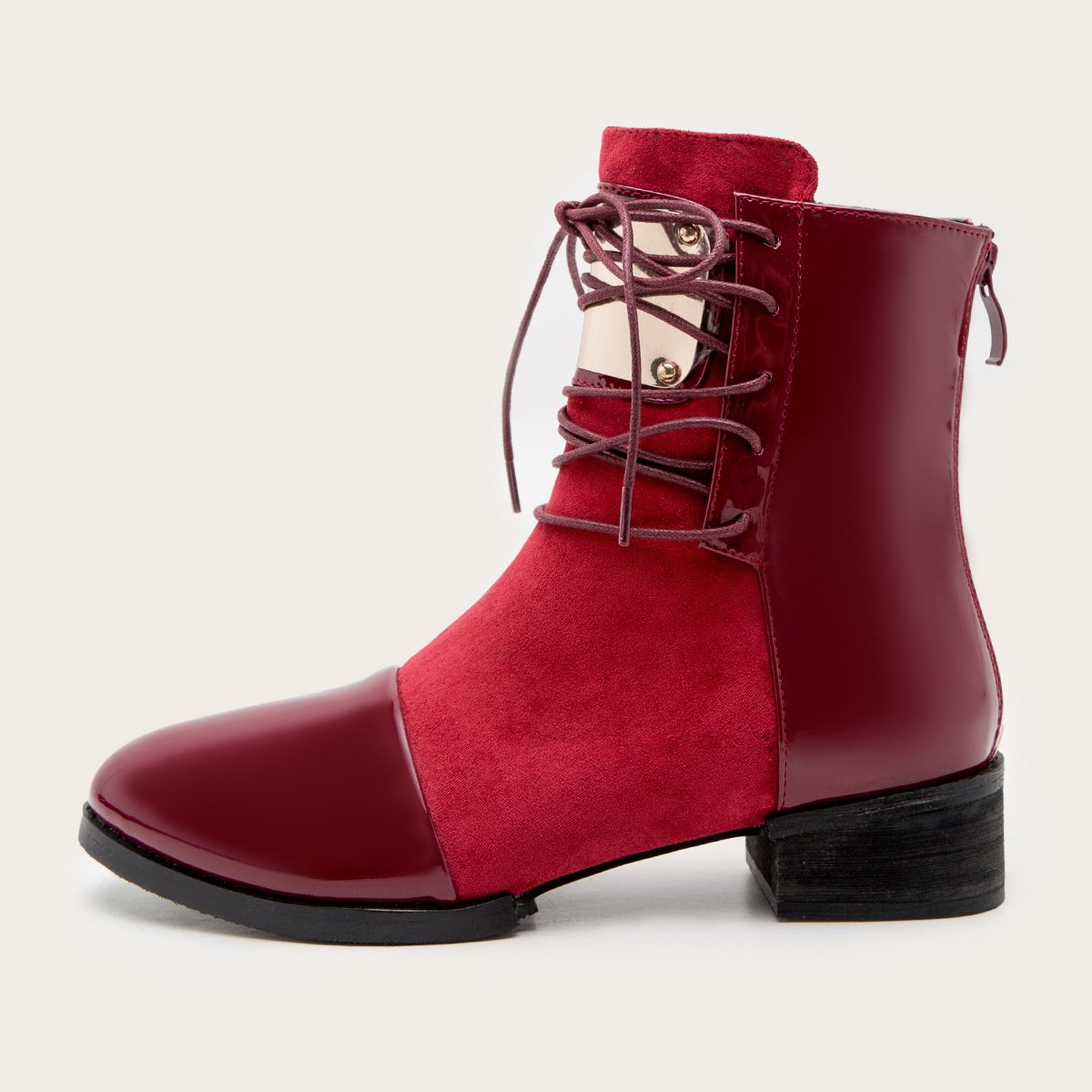 Winter New Customized Red Fashion Splicing Short Boots classy leather boots lace-up square heel punk shoes ankle boot
