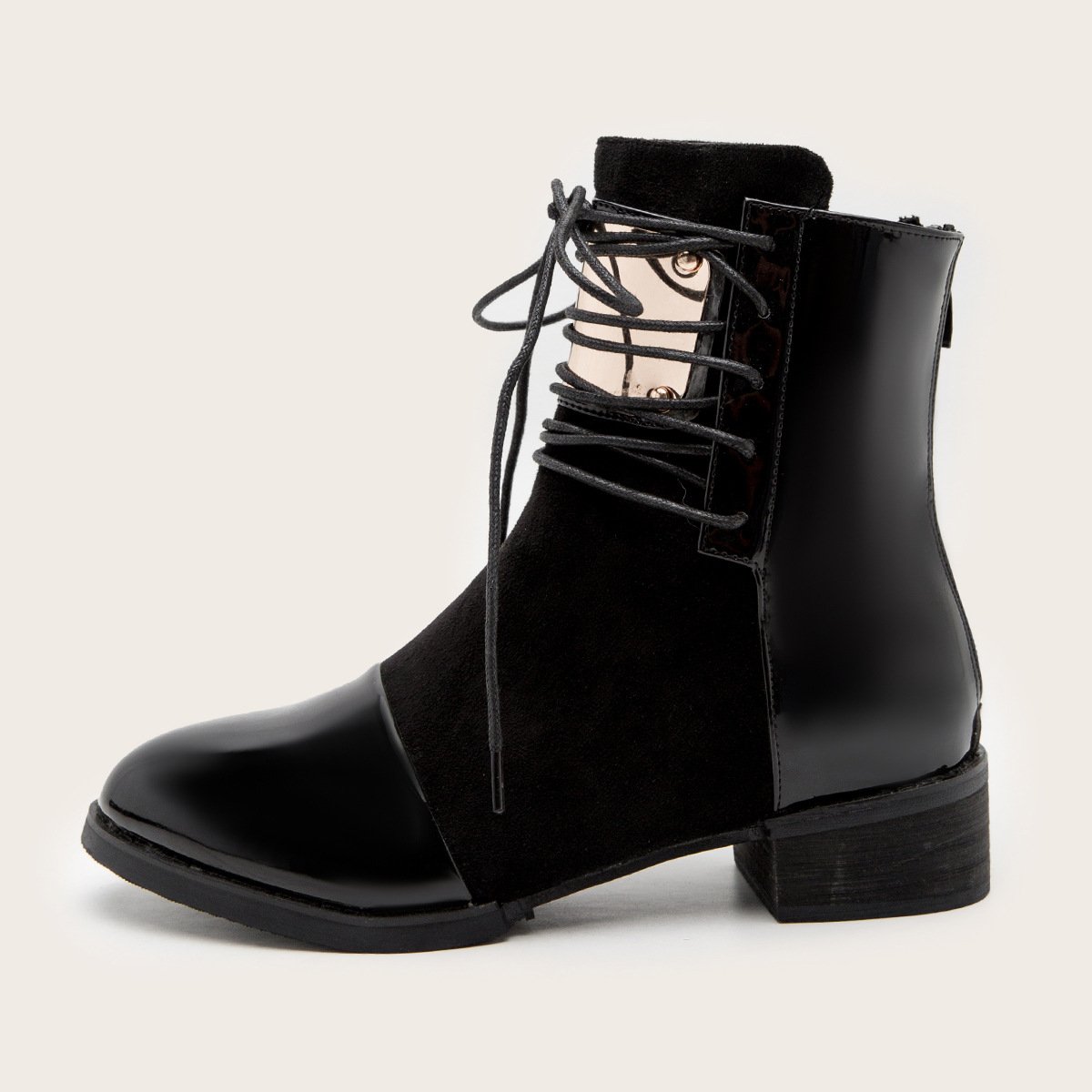 Winter New Customized Red Fashion Splicing Short Boots classy leather boots lace-up square heel punk shoes ankle boot