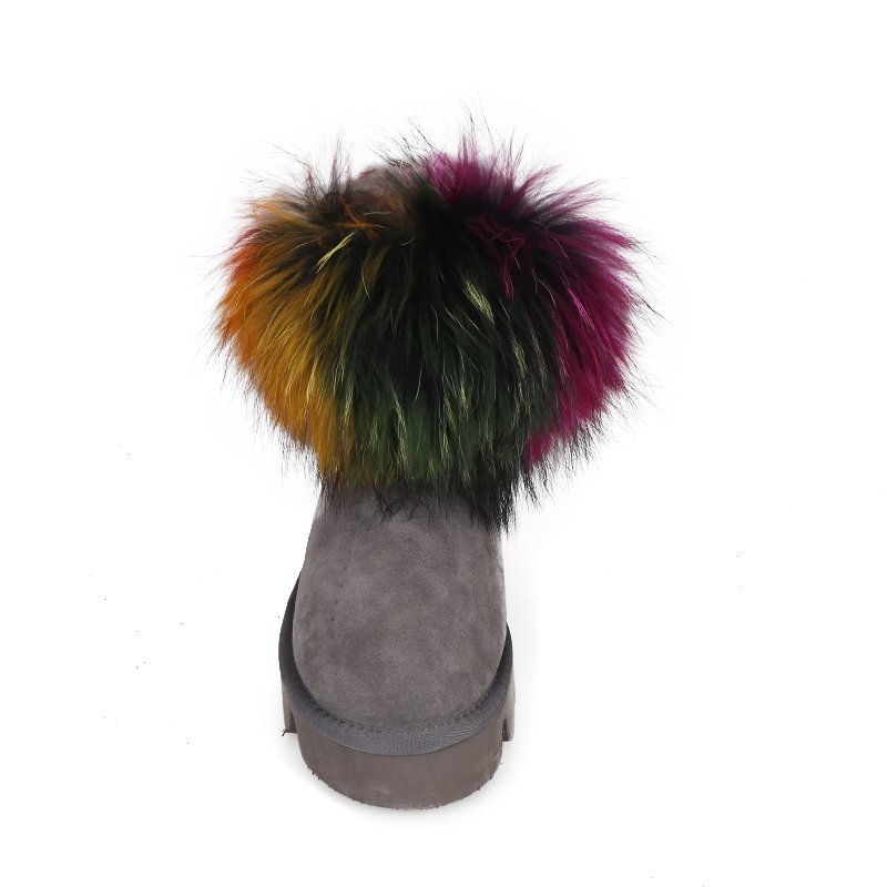 Factory direct cheap raccoon fur anti slip platform ankle women plush snow boots