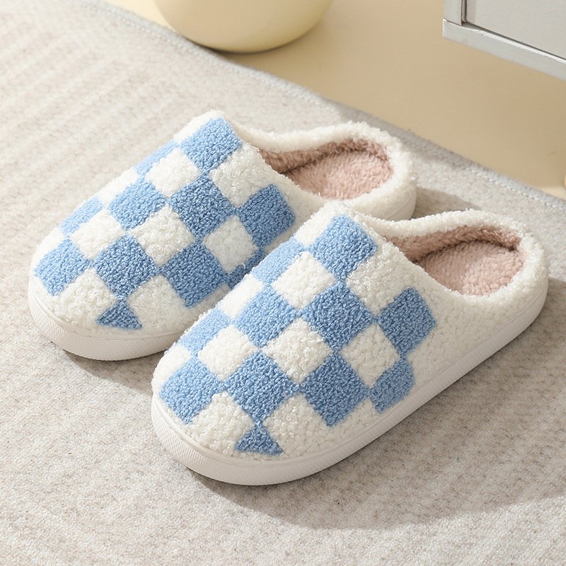 HF fashion women winter checked print indoor warm white cotton slippers with cute checkered strawberry pattern