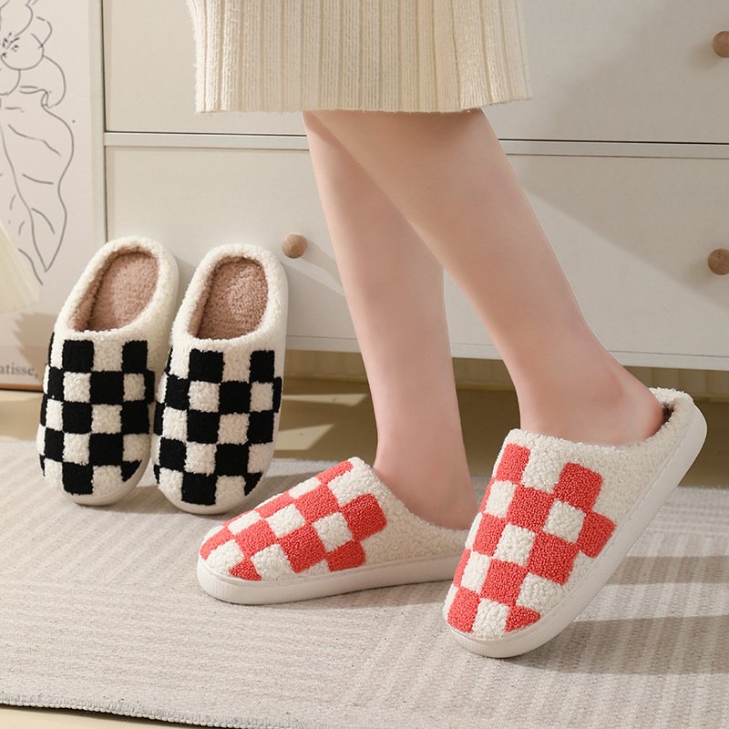 HF fashion women winter checked print indoor warm white cotton slippers with cute checkered strawberry pattern