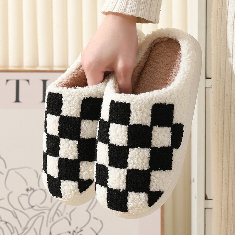 HF fashion women winter checked print indoor warm white cotton slippers with cute checkered strawberry pattern