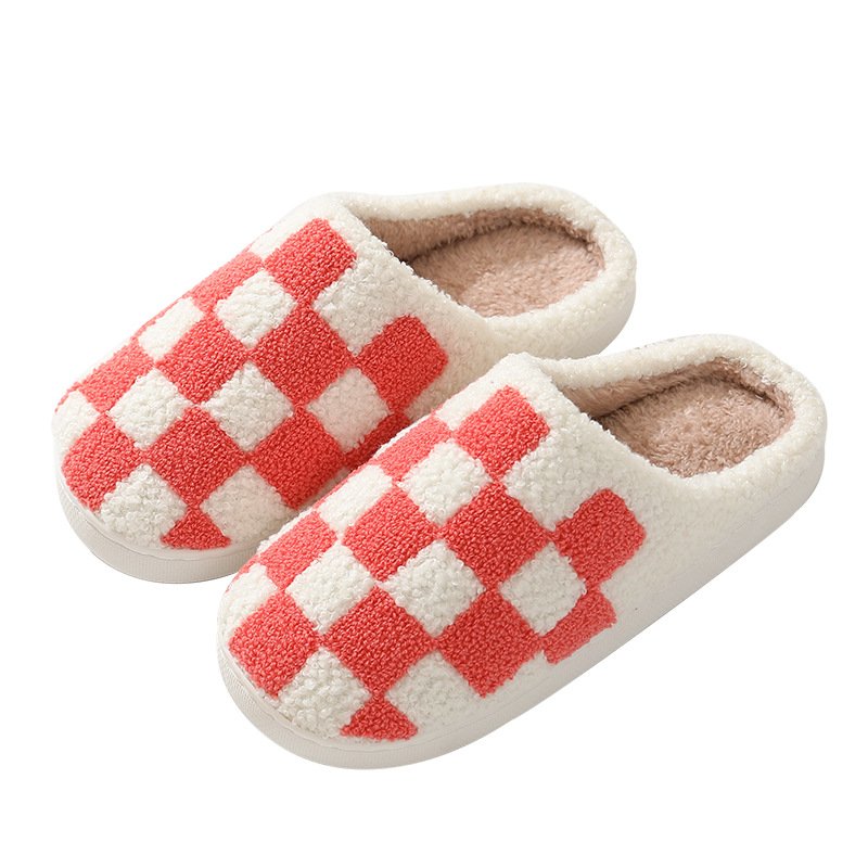 HF fashion women winter checked print indoor warm white cotton slippers with cute checkered strawberry pattern