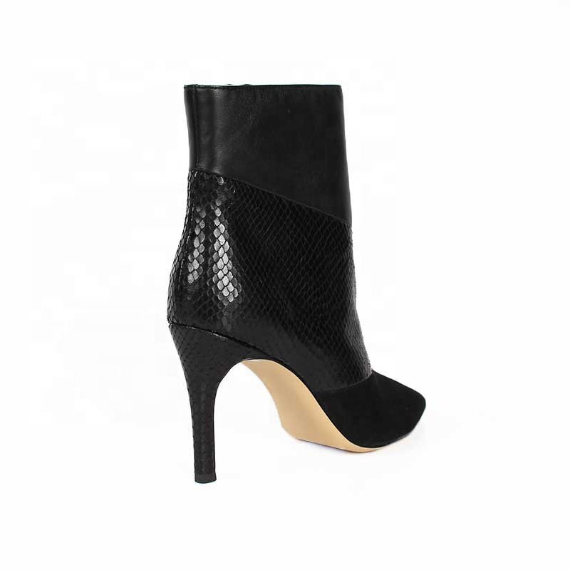 Women's Custom Winter High Heel Pointed Toe Boots Fashion Suede Genuine Snake Leather Zipper Closure Ankle Height Hot Sale
