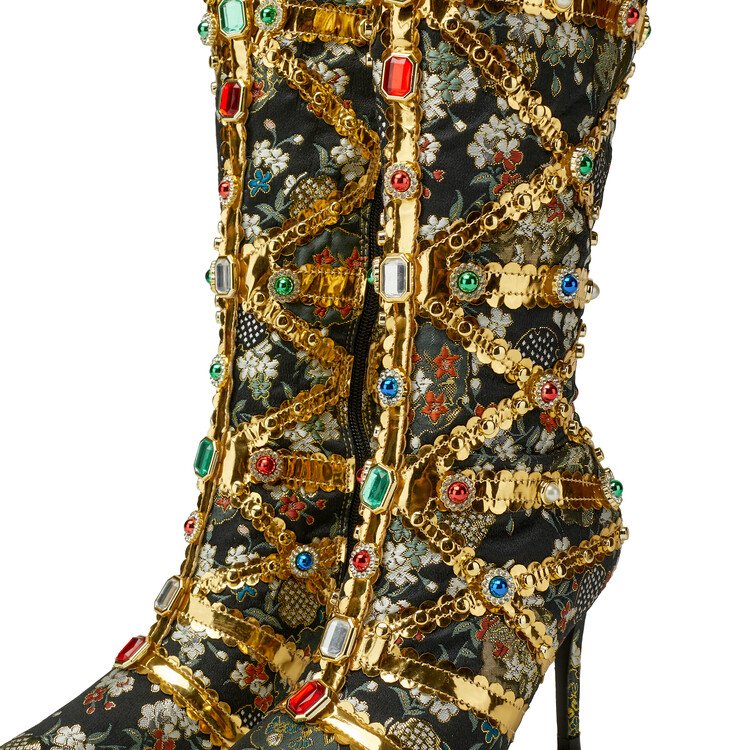 Studded gemstone embroidery lace 8.5cm thin heels pointed ankle boots for women knee-high