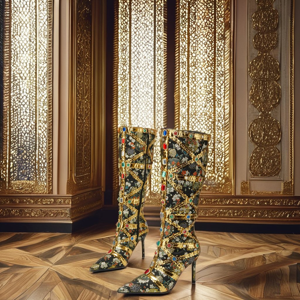 Studded gemstone embroidery lace 8.5cm thin heels pointed ankle boots for women knee-high