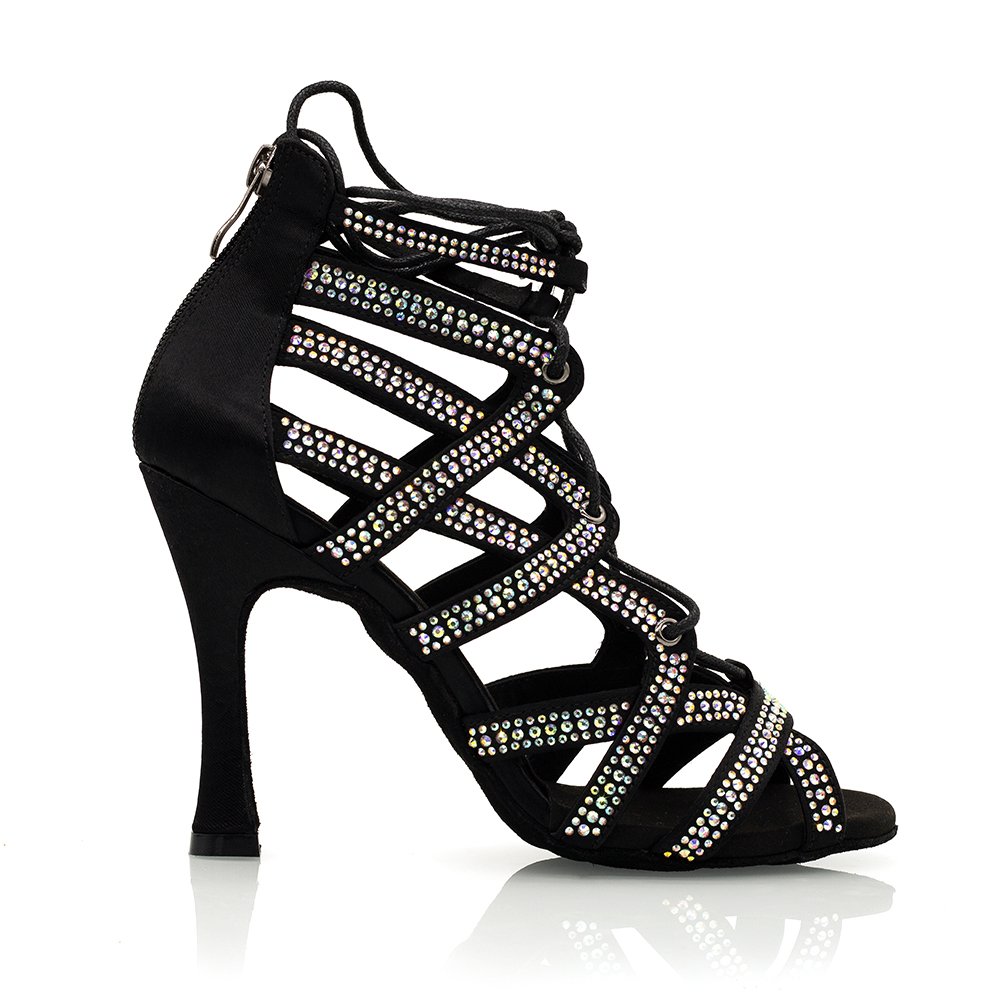 Black Satin Lace Up Zip Zipper Crystal jazz dance heels class Salsa Bachata Dance Boots