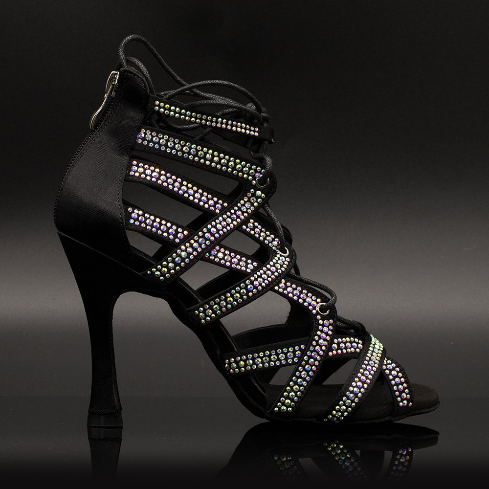 Black Satin Lace Up Zip Zipper Crystal jazz dance heels class Salsa Bachata Dance Boots