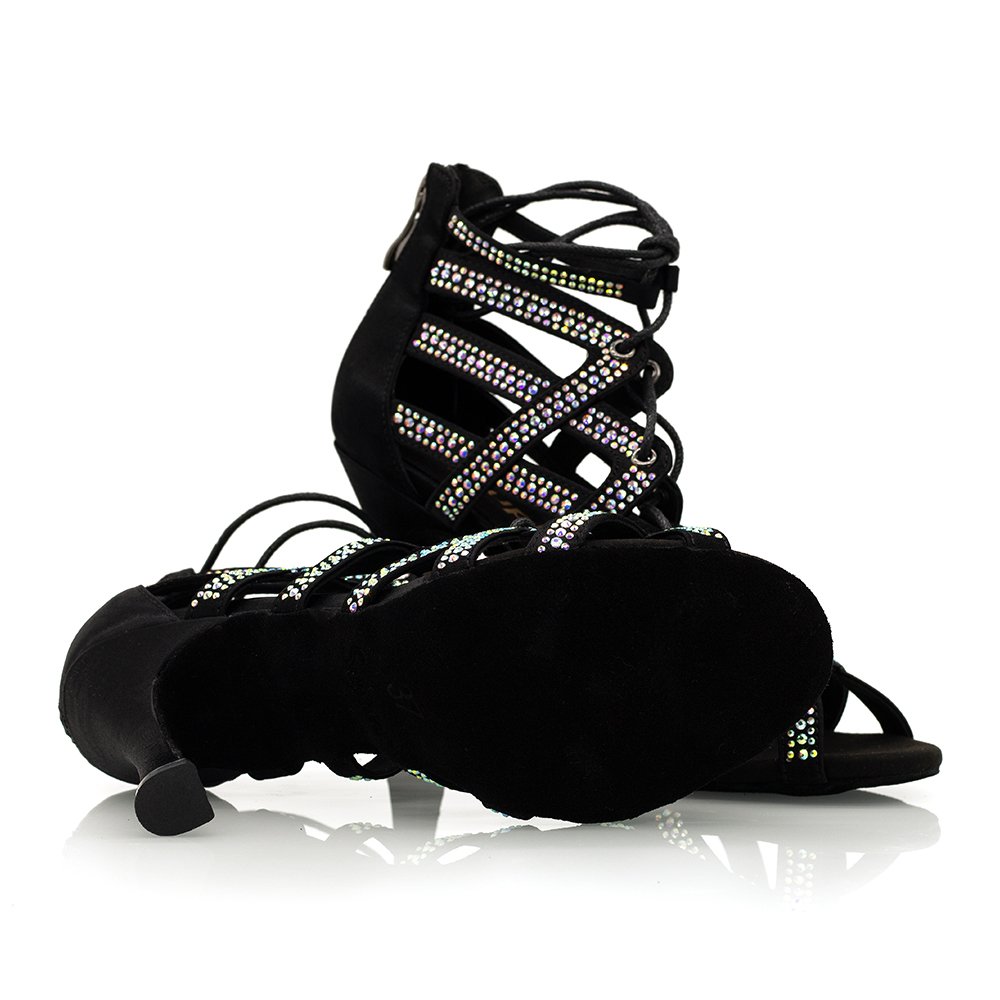 Black Satin Lace Up Zip Zipper Crystal jazz dance heels class Salsa Bachata Dance Boots