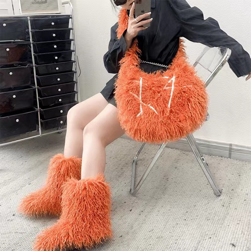Customized Color Hot Selling Women Winter Fake Mongolian Fur Boots tote Bag Sets