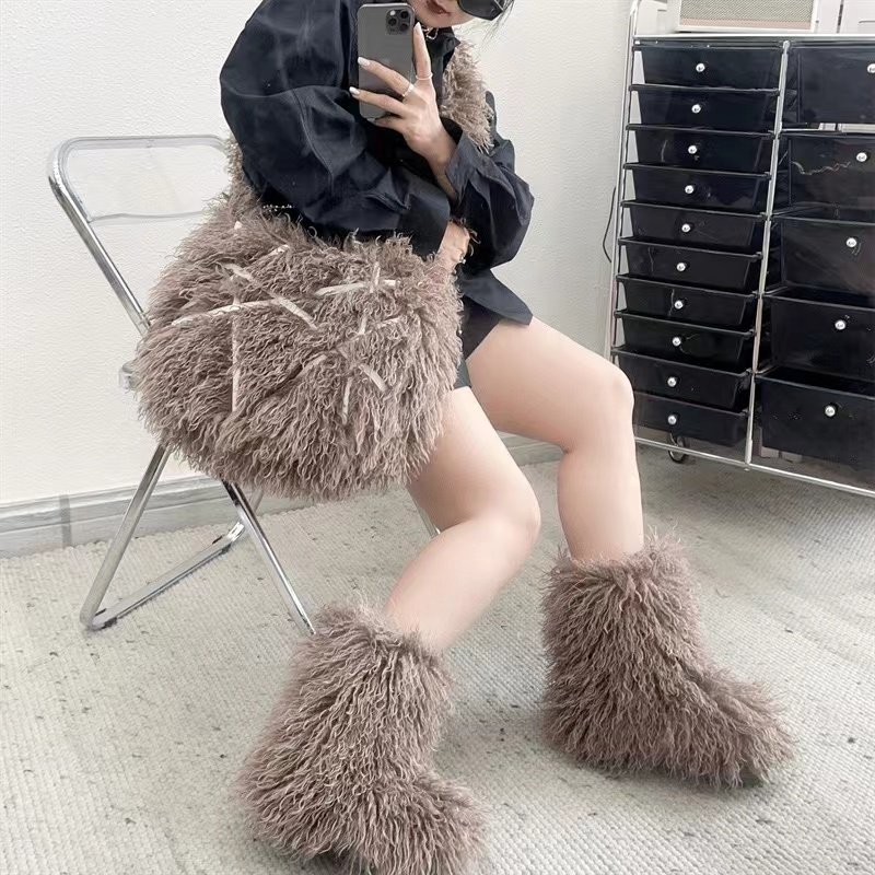Customized Color Hot Selling Women Winter Fake Mongolian Fur Boots tote Bag Sets
