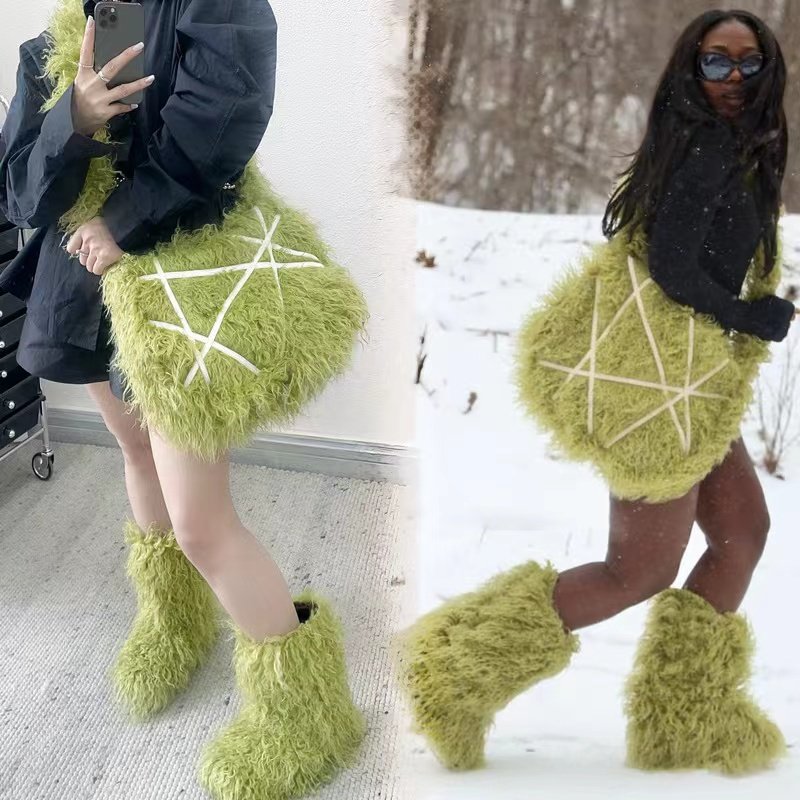Customized Color Hot Selling Women Winter Fake Mongolian Fur Boots tote Bag Sets