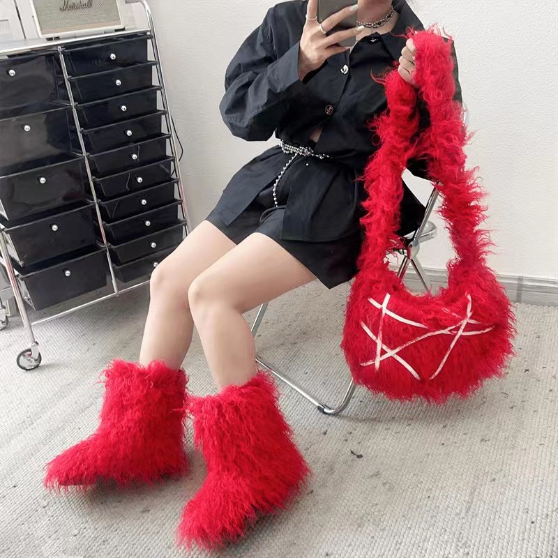 Customized Color Hot Selling Women Winter Fake Mongolian Fur Boots tote Bag Sets