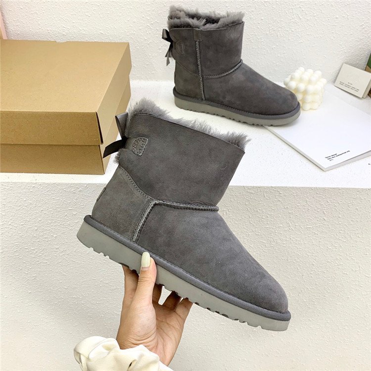 Fashion Sheepskin Fur Lining Winter Warm Boots Mid Calf Leather Short Fashion Bow Snow Boot For Woman