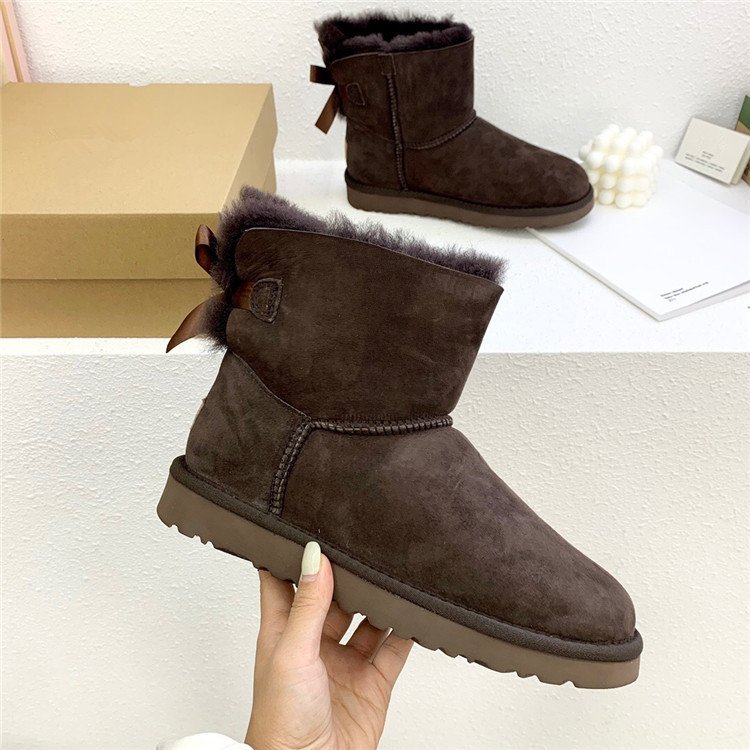 Fashion Sheepskin Fur Lining Winter Warm Boots Mid Calf Leather Short Fashion Bow Snow Boot For Woman