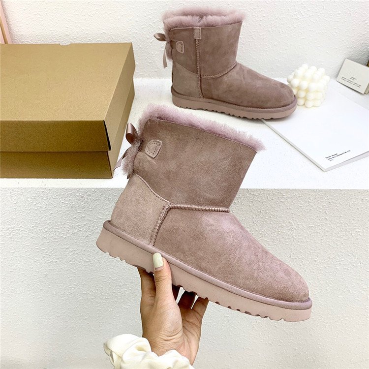 Fashion Sheepskin Fur Lining Winter Warm Boots Mid Calf Leather Short Fashion Bow Snow Boot For Woman