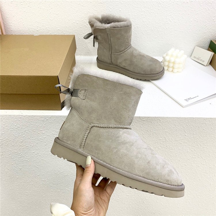 Fashion Sheepskin Fur Lining Winter Warm Boots Mid Calf Leather Short Fashion Bow Snow Boot For Woman