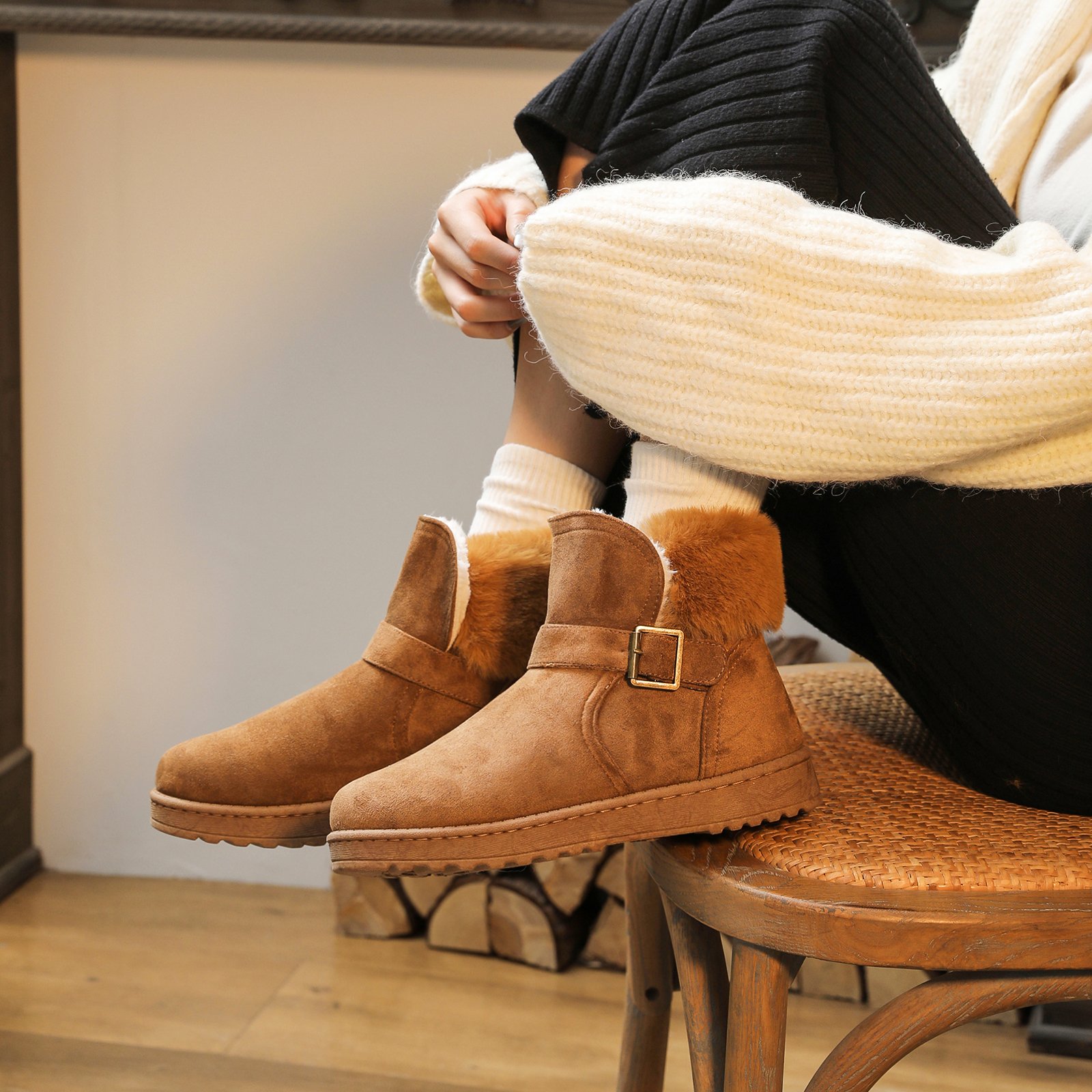 Warm Comfort Suede Boots Indoor Outdoor PVC Flat Ankle Women Snow Boots Lined Custom Winter Wholesale Faux Fur Fashion Boots EVA