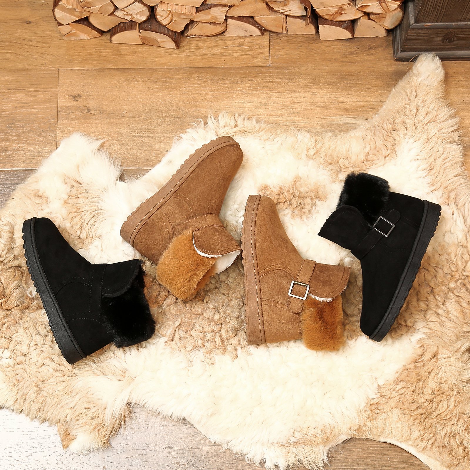 Warm Comfort Suede Boots Indoor Outdoor PVC Flat Ankle Women Snow Boots Lined Custom Winter Wholesale Faux Fur Fashion Boots EVA