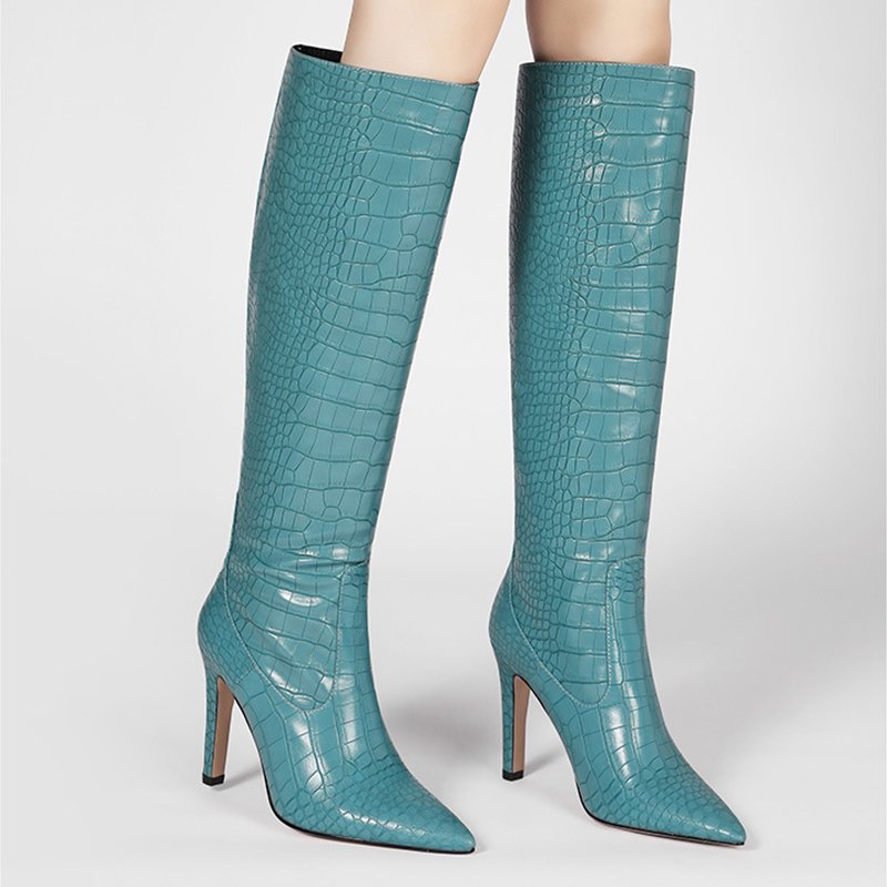 Xinzirain Custom Women's Slip-On Snake Printed Leather High Heel Pointed Toe Knee-High Ladies Boots