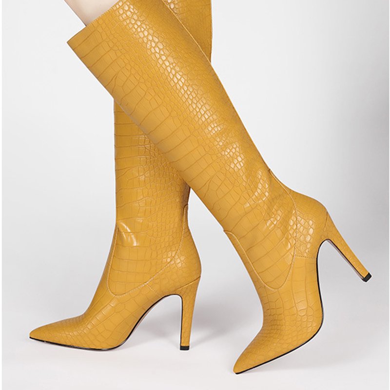 Xinzirain Custom Women's Slip-On Snake Printed Leather High Heel Pointed Toe Knee-High Ladies Boots