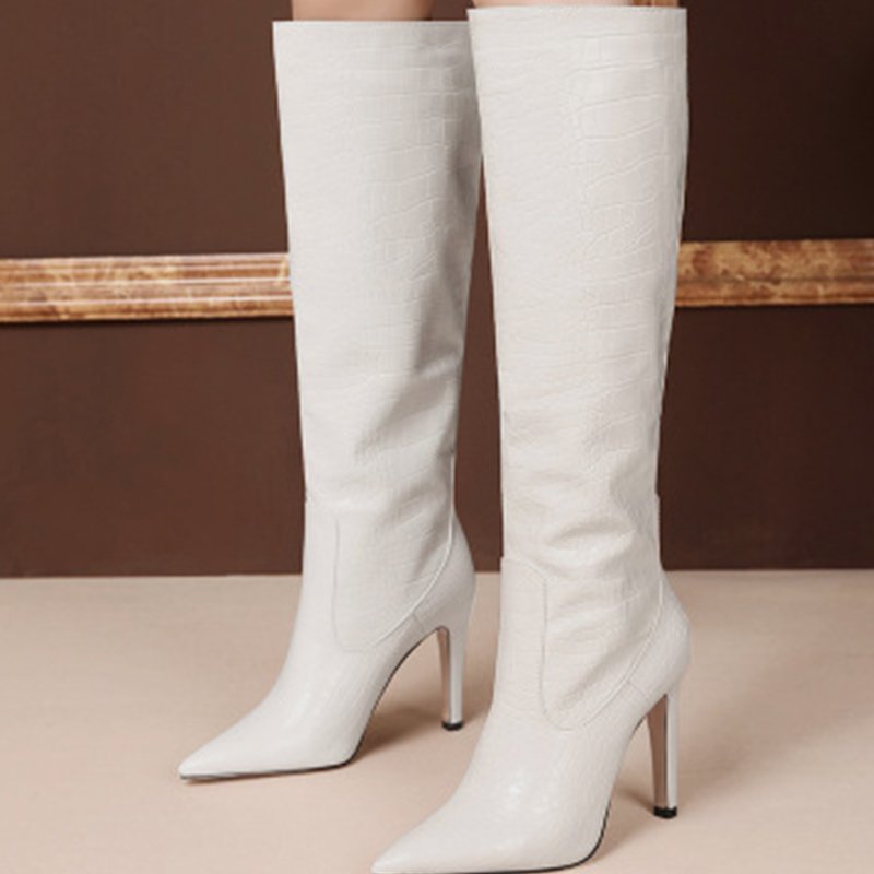 Xinzirain Custom Women's Slip-On Snake Printed Leather High Heel Pointed Toe Knee-High Ladies Boots