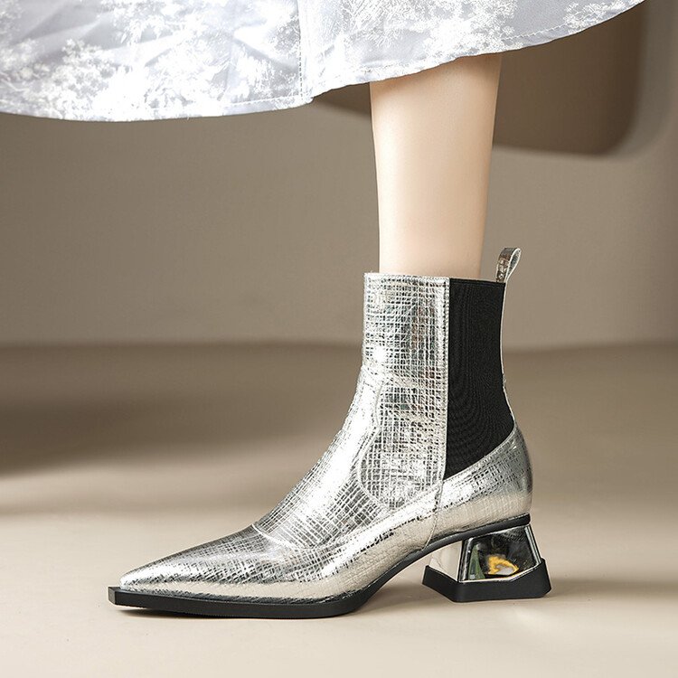 women short boots 2023 newest autumn winter women shoes pointed toe fashion gold silver mid heel elegant elastic ankle boots