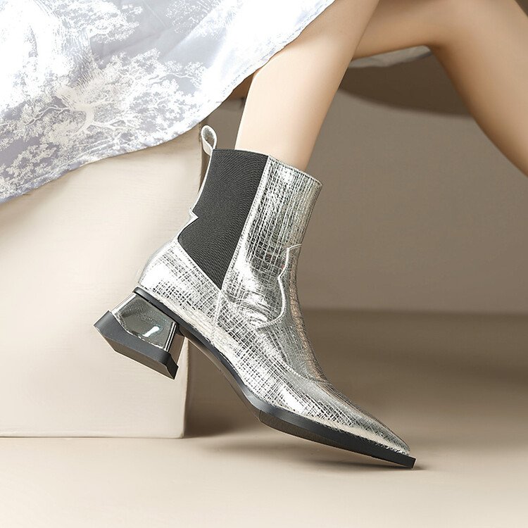 women short boots 2023 newest autumn winter women shoes pointed toe fashion gold silver mid heel elegant elastic ankle boots