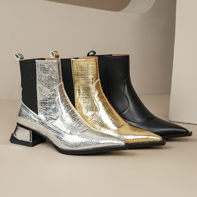 women short boots 2023 newest autumn winter women shoes pointed toe fashion gold silver mid heel elegant elastic ankle boots