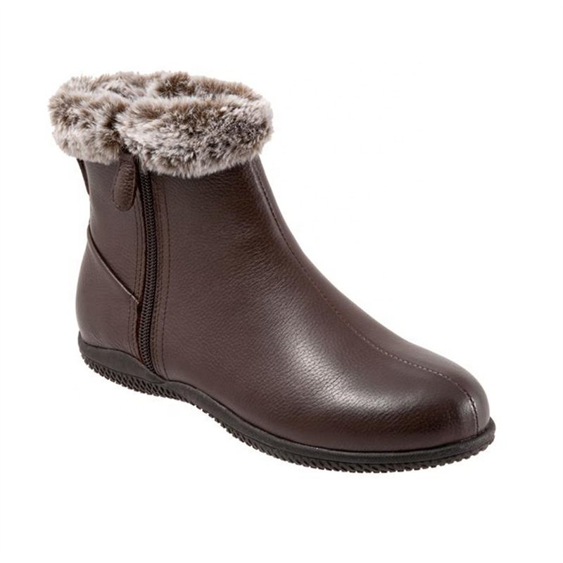 Wholesale Fashion Elegant Brown Leather+Fur Side Zipper Ankle Winter Women Ladies Boots
