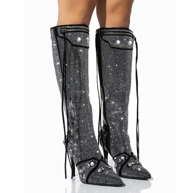 2024 Famous Brand Designer Women's Knee High Stiletto Heels Pointed Ankle Boots Luxury Silver with Rhinestones Winter Collection
