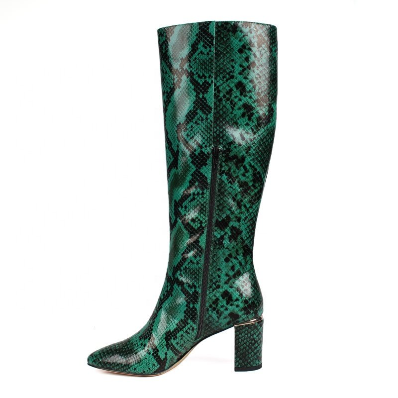 2024 Custom Women's Knee-High Boots Denim Upper Genuine Leather Chunky Heel Toe Zipper Closure Anti-Slip Light Weight Winter
