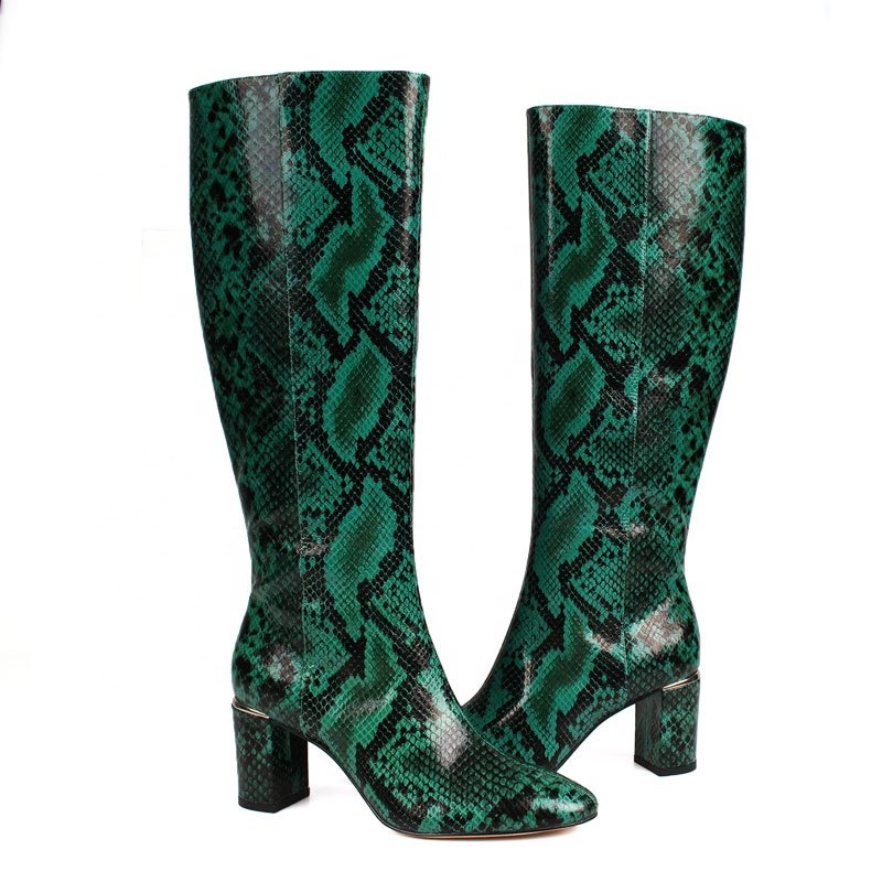 2024 Custom Women's Knee-High Boots Denim Upper Genuine Leather Chunky Heel Toe Zipper Closure Anti-Slip Light Weight Winter