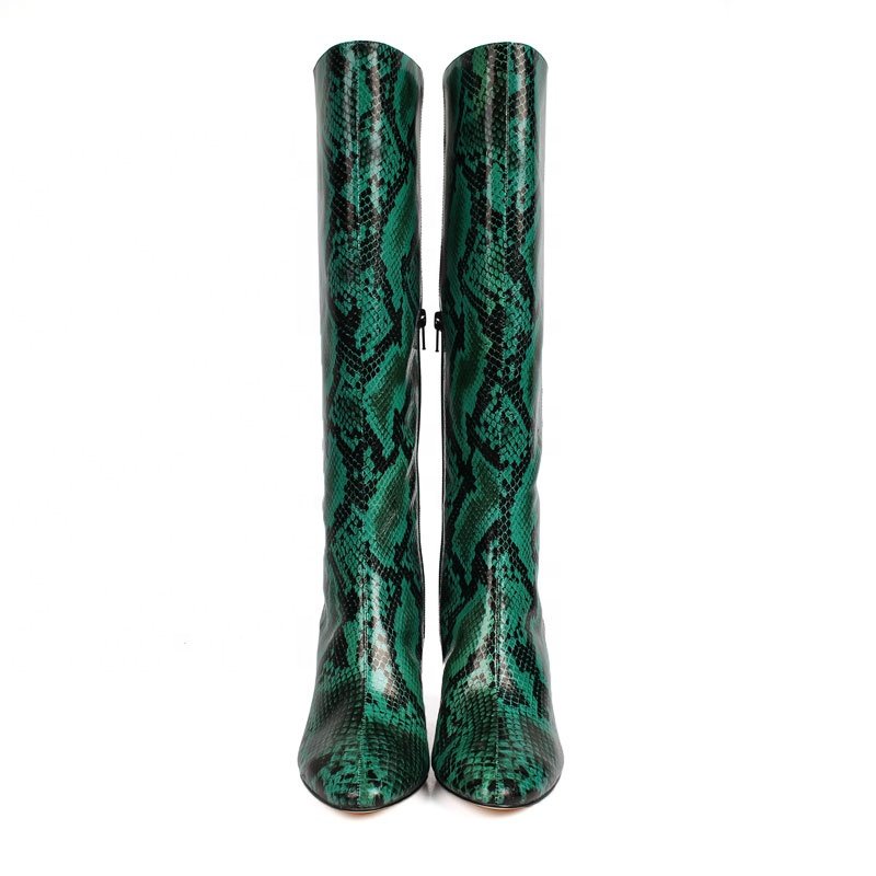 2024 Custom Women's Knee-High Boots Denim Upper Genuine Leather Chunky Heel Toe Zipper Closure Anti-Slip Light Weight Winter