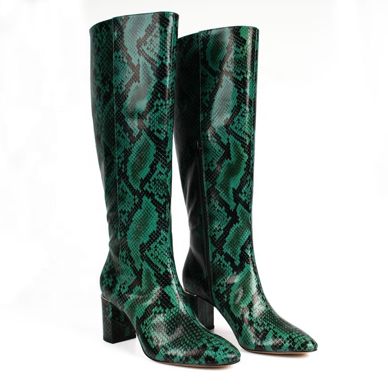 2024 Custom Women's Knee-High Boots Denim Upper Genuine Leather Chunky Heel Toe Zipper Closure Anti-Slip Light Weight Winter
