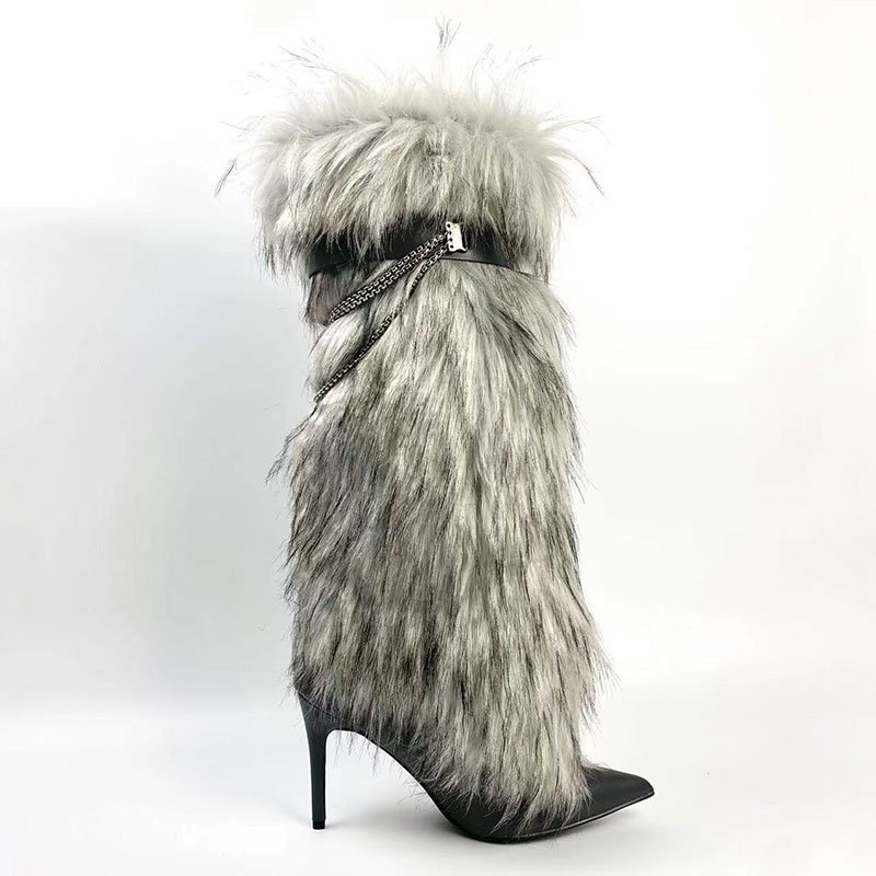 Xinzirain Custom Women Knee High Boots Stiletto Heel Pointed Toe Rabbit Fur Chain Fashion Sexy Girls Boots