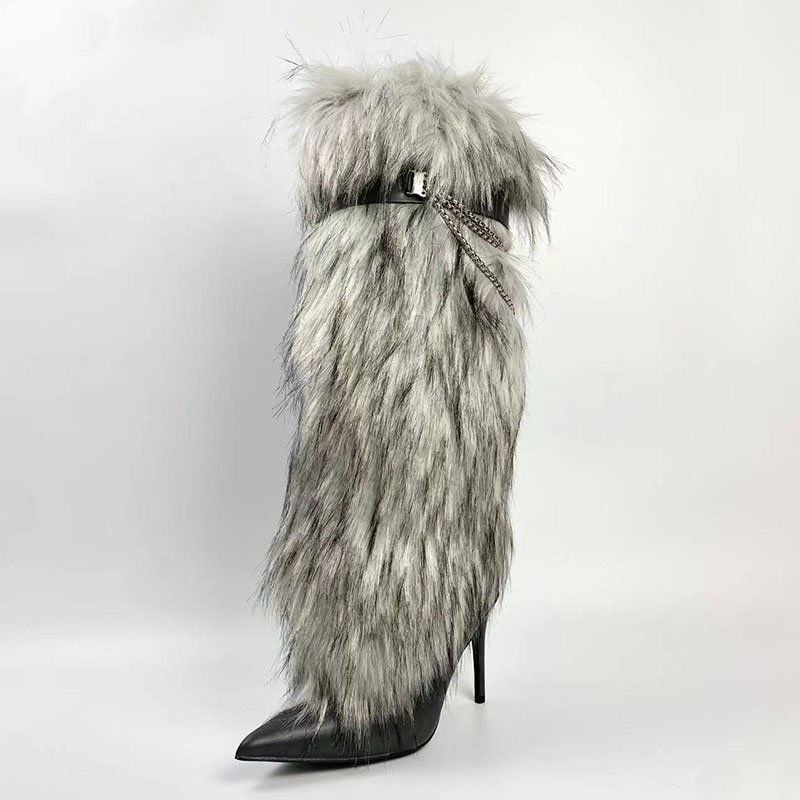 Xinzirain Custom Women Knee High Boots Stiletto Heel Pointed Toe Rabbit Fur Chain Fashion Sexy Girls Boots