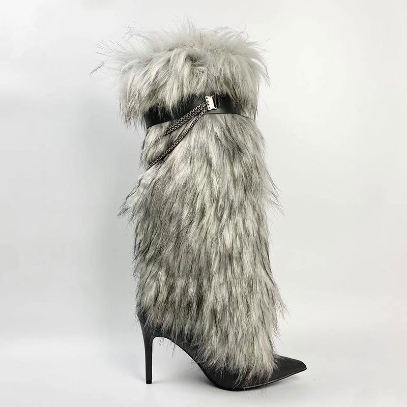 Xinzirain Custom Women Knee High Boots Stiletto Heel Pointed Toe Rabbit Fur Chain Fashion Sexy Girls Boots